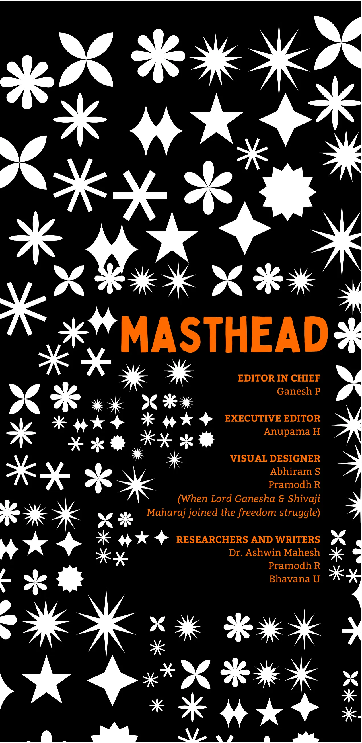 Masthead: editorial credits in orange on black, surrounded by white star motifs.