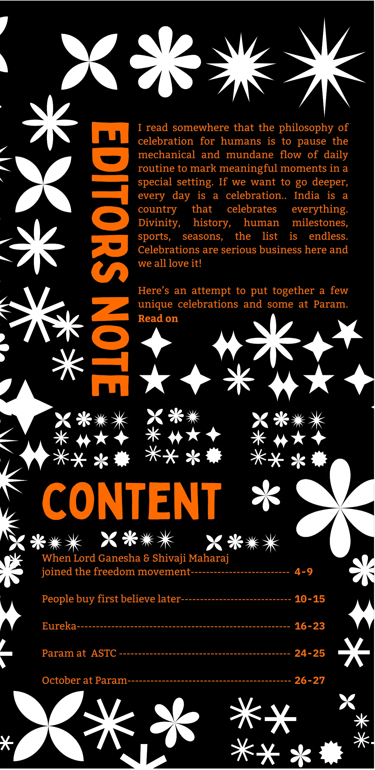 Editor's note on celebration, and the contents list, on black with white star motifs.