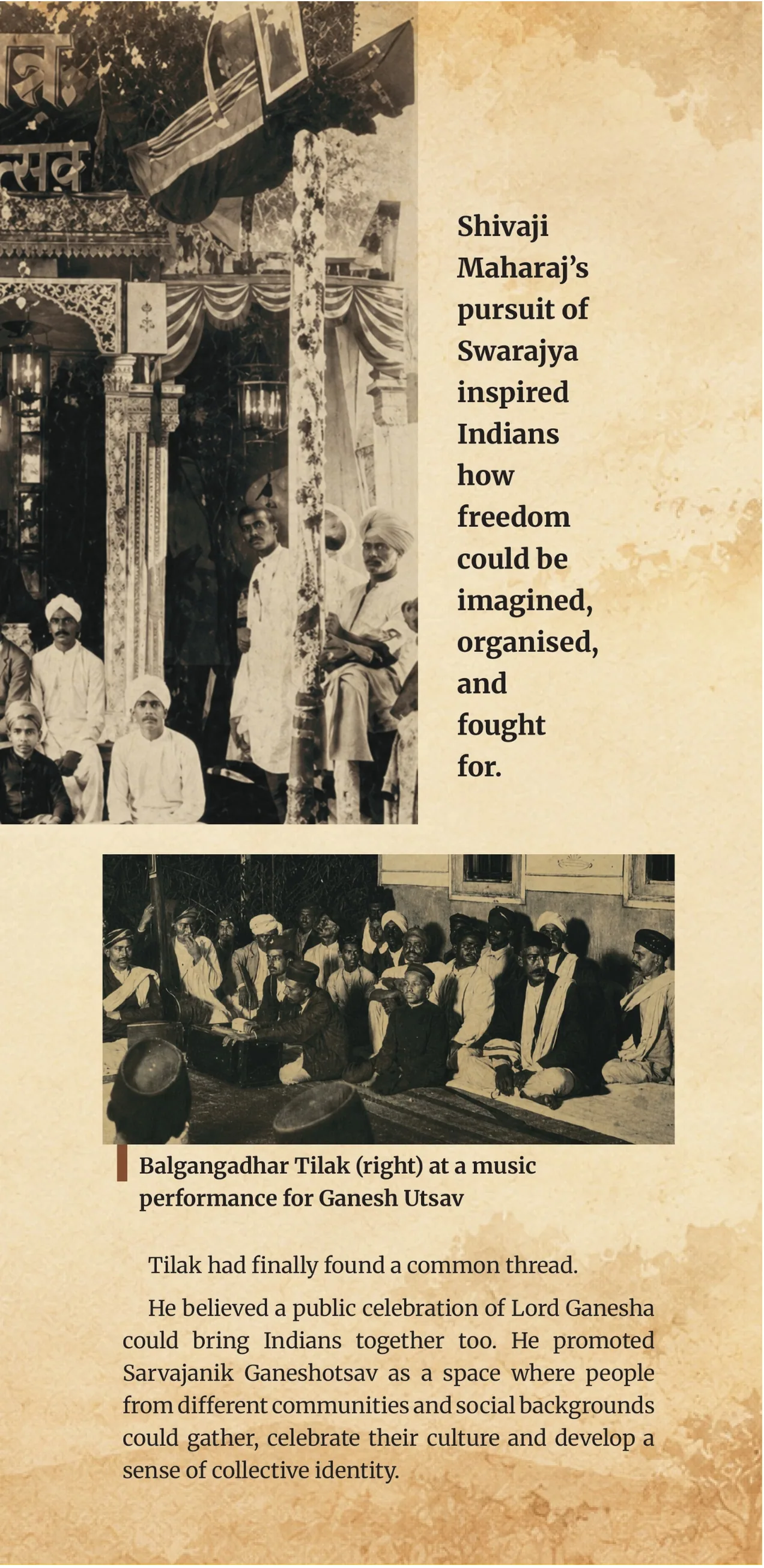 Right half of spread: Shivaji Maharaj's pursuit of Swarajya; Tilak at a music performance for Ganesh Utsav.