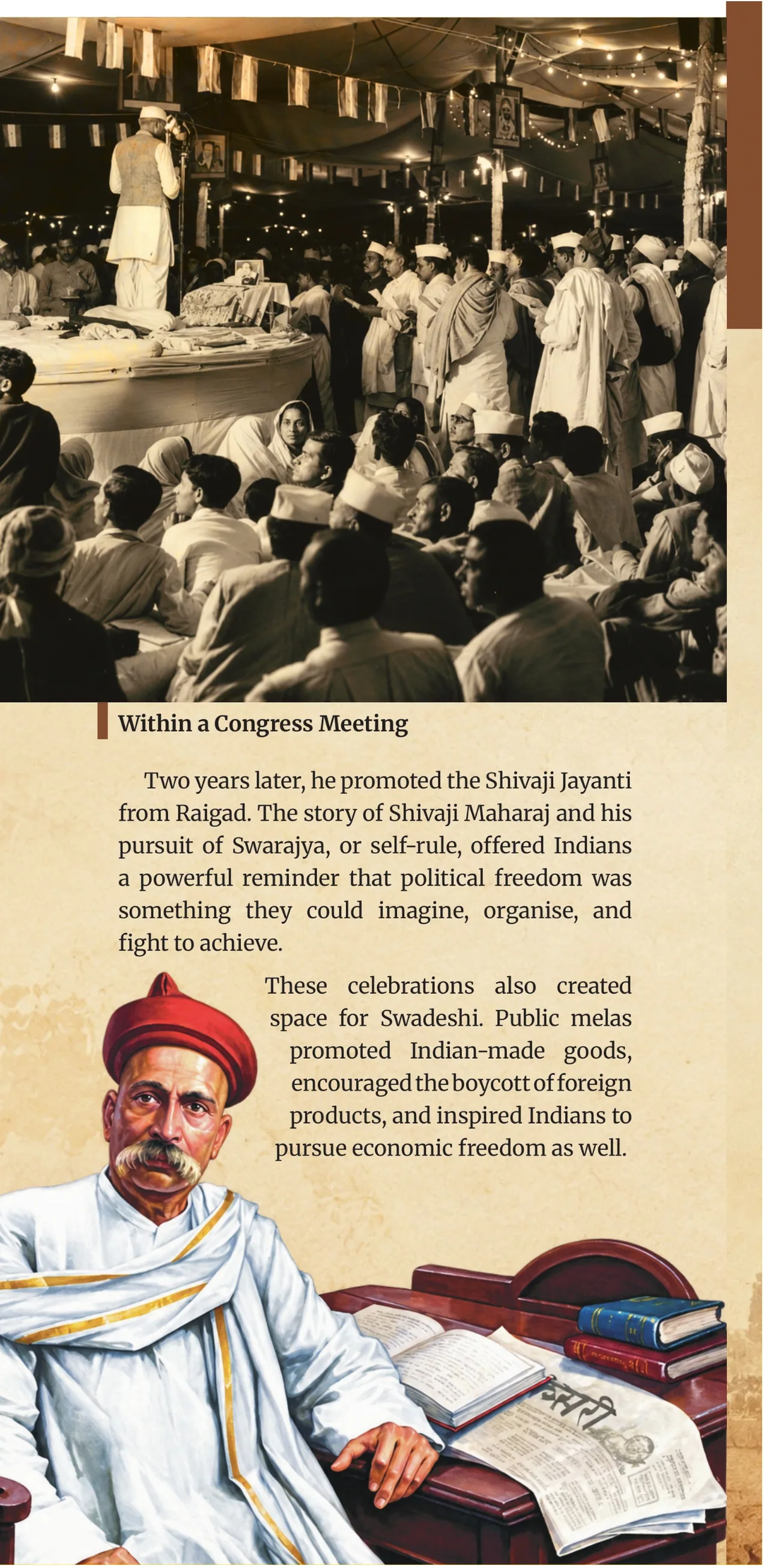 Within a Congress Meeting: Tilak promotes Shivaji Jayanti; illustration of Tilak at his desk with Kesari.